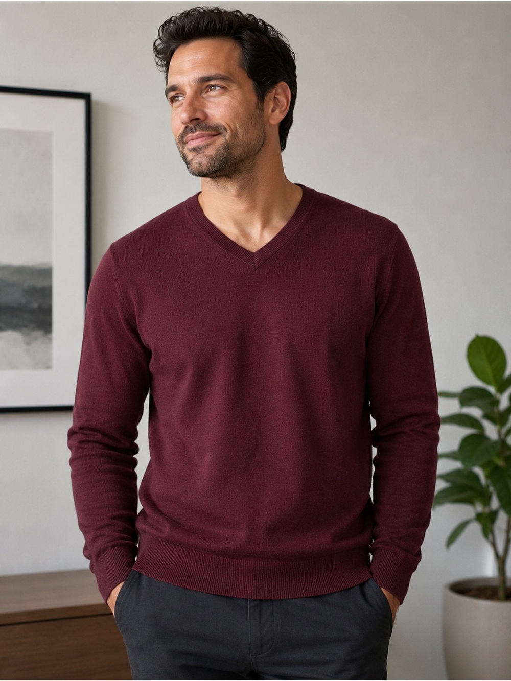 Tahari 100% Extra Fine Merino Wool V-Neck Sweater Burgundy Size XL Men's